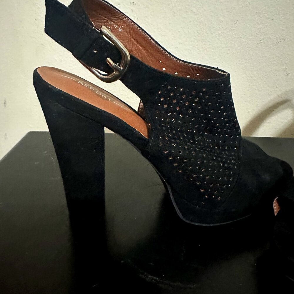 ✨ Report Sparkle Suede Leather Thick Pumps with Buckle – Women’s Size 8